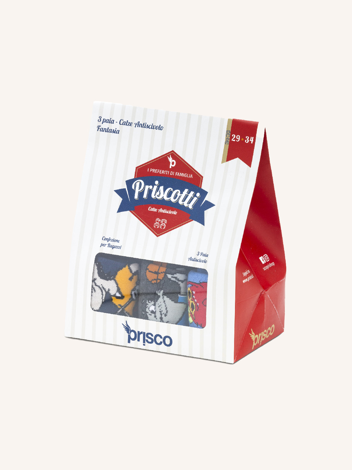 Calza corta Antiscivolo in Cotone con Confezione Sacchetto Biscotti per Bambino | Fantasia | Confezione da 3 Paia | PRISCOTTI B