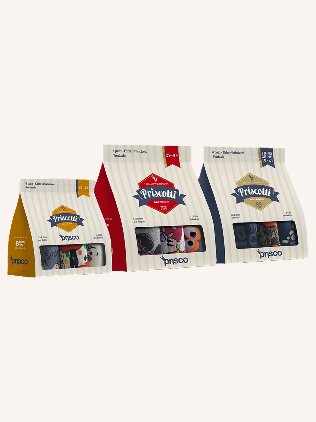 Calza corta Antiscivolo in Cotone con Confezione Sacchetto Biscotti per Bambino | Fantasia | Confezione da 3 Paia | PRISCOTTI B