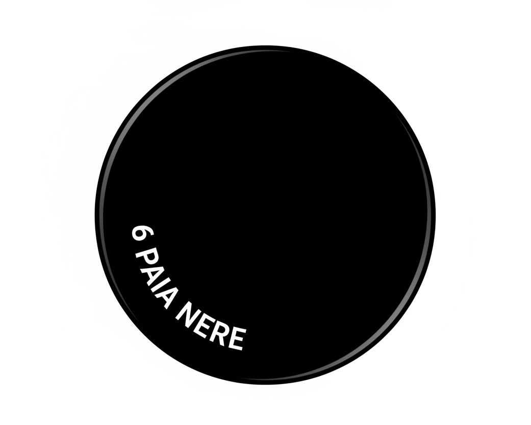 UN CERCHIO NERO CON SCCRITTO IN PARTE A SINISTRA " 6 PAIA NERE "